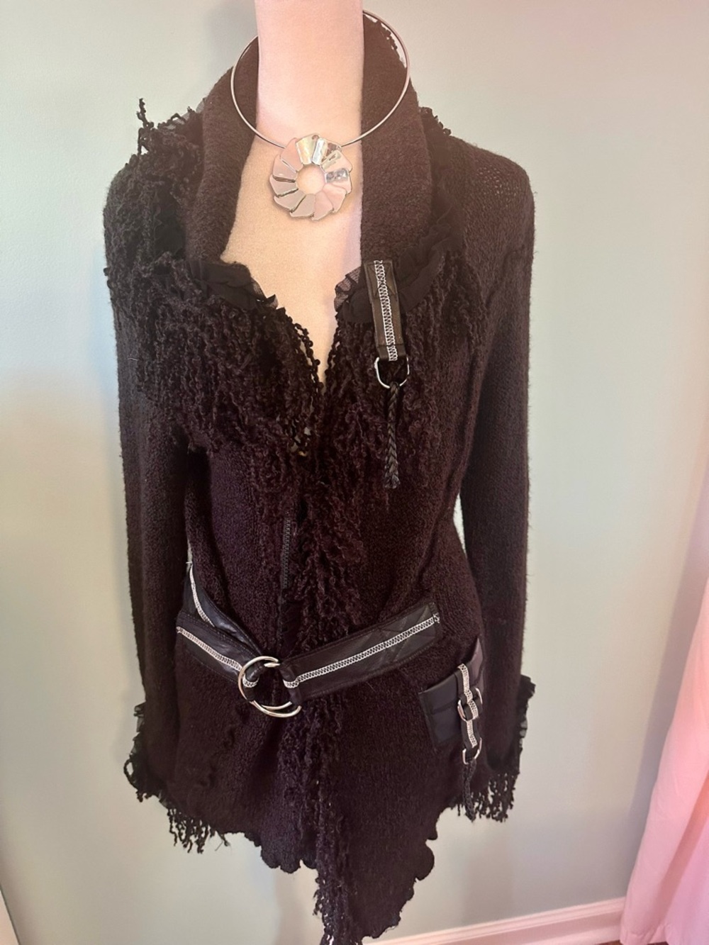 Women's Black Fringe Knit Cardigan with Belt - Picture 2 of 4